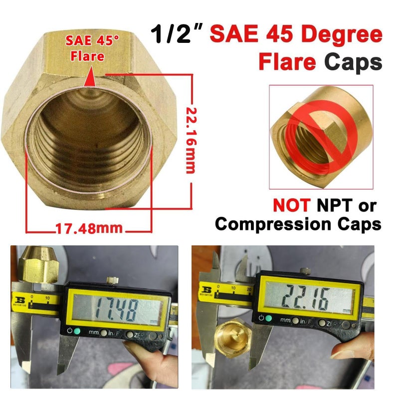 Legines Brass SAE 45 Degree Flare Tube Fitting, Flare Cap, Fit 1/2" OD Tube (Pack of 2) - Image 5